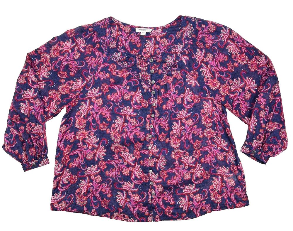 Beach Lunch Lounge Flowy Boho Peasant Top Sheer Purple Floral Button Front M